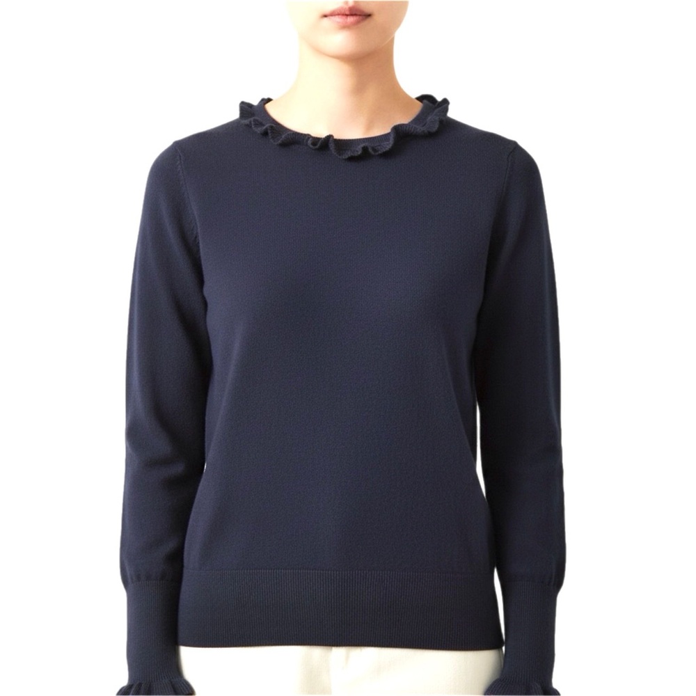 Boden Sweater Womens 10 Navy Ruffle Lightweight Pullover Academia Bookish Office
